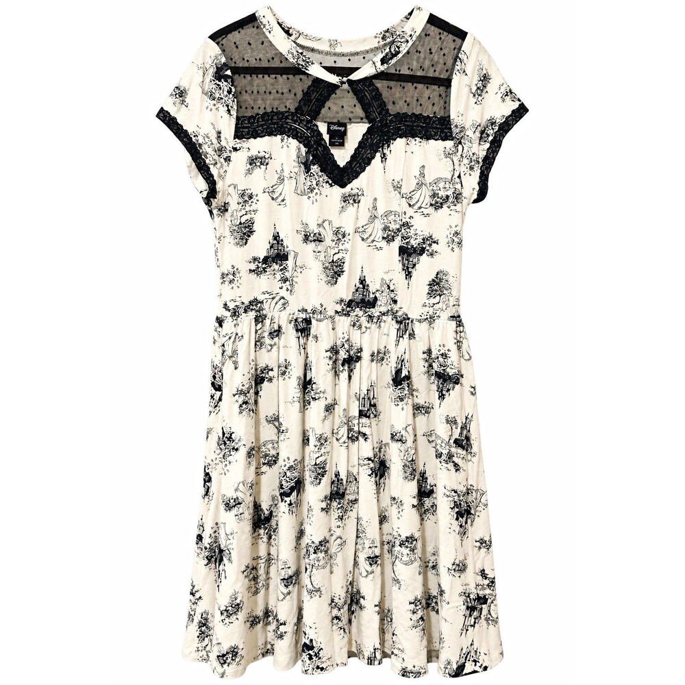 Disney Hot Topic Princess Toile Dress Womens L Black White Lace Fit Flare